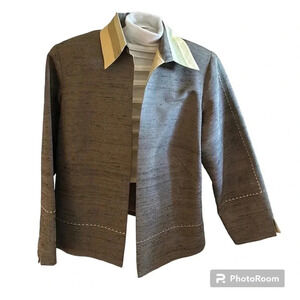 100 Thai silk green gray yellow open front Blazer  Size44. SHINAWATRA